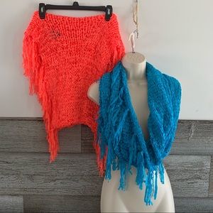 Steve Madden infinity scarves with fringe.  
Vibrant orange and teal